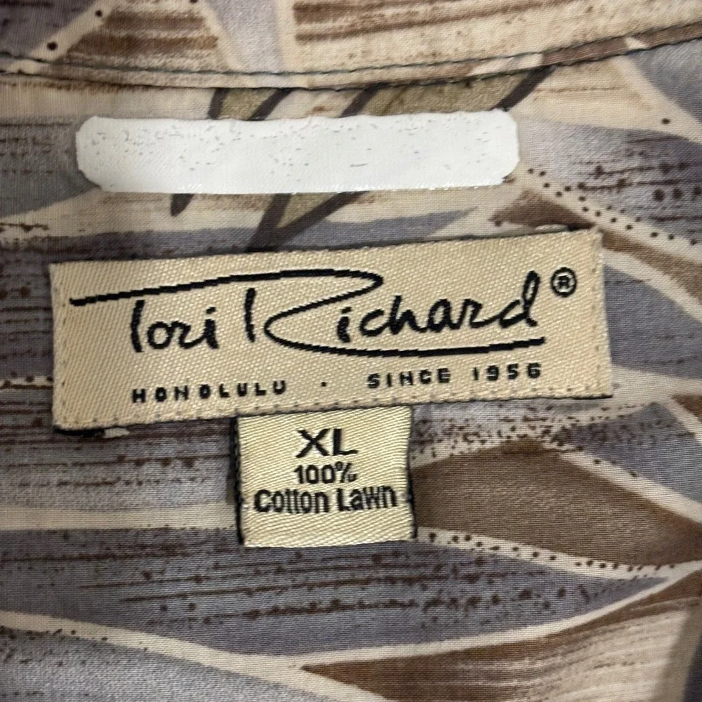 Tori Richard Aloha Shirt Mens XL Brown Palm Leaf Cotton Lawn Made‎ in Hawaii